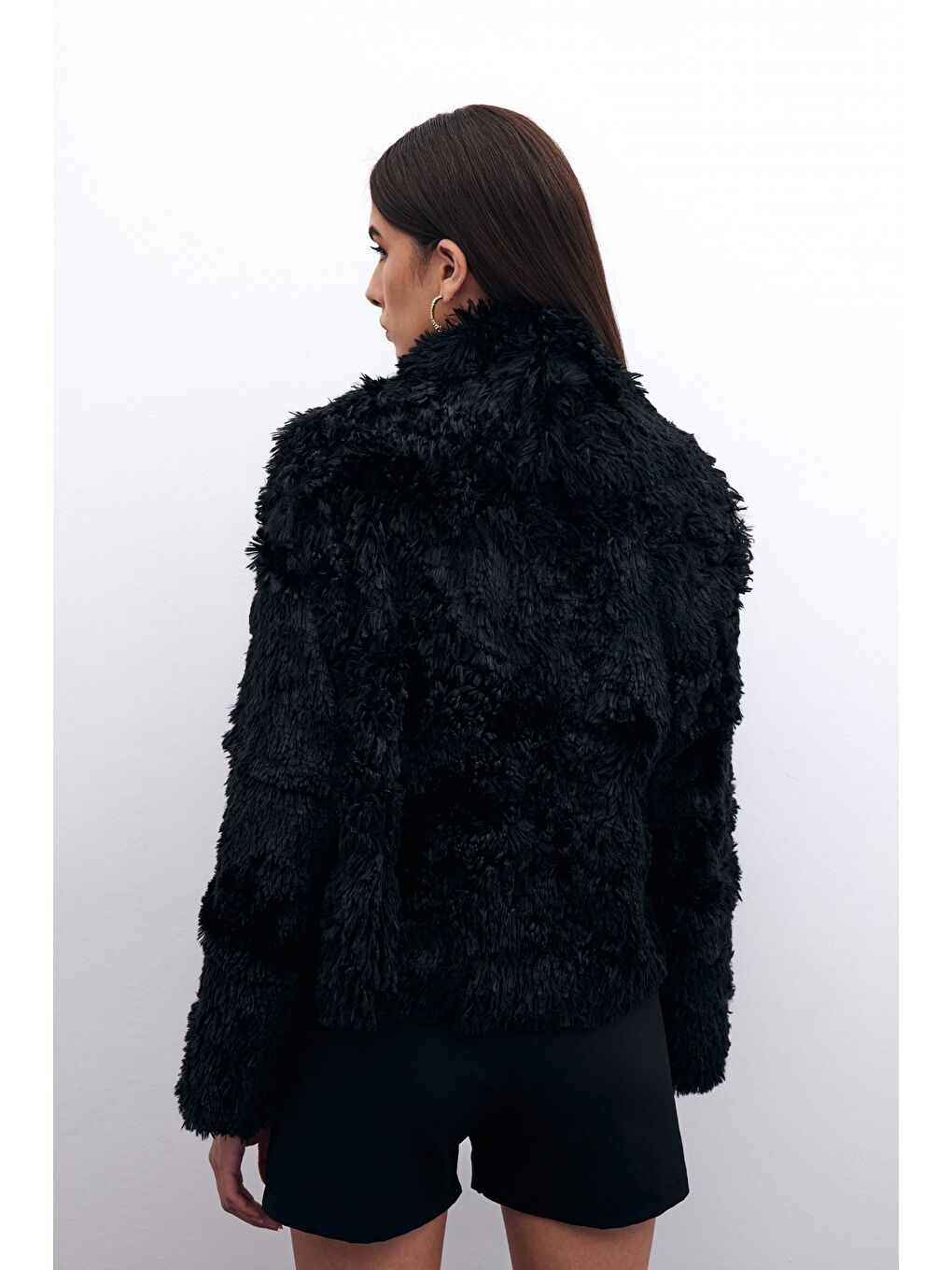 Yakalı Pelüş Ceket - Siyah-7