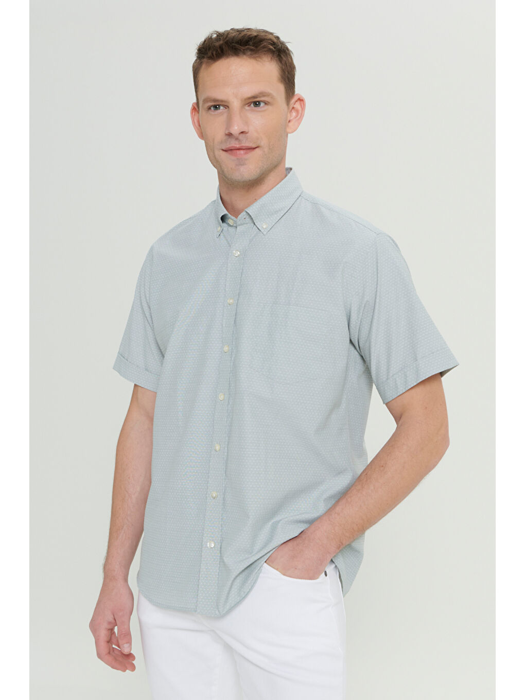 Erkek Haki Comfort Fit Rahat Kesim Düğmeli Yaka Armürlü Kısa Kollu Gömlek-2