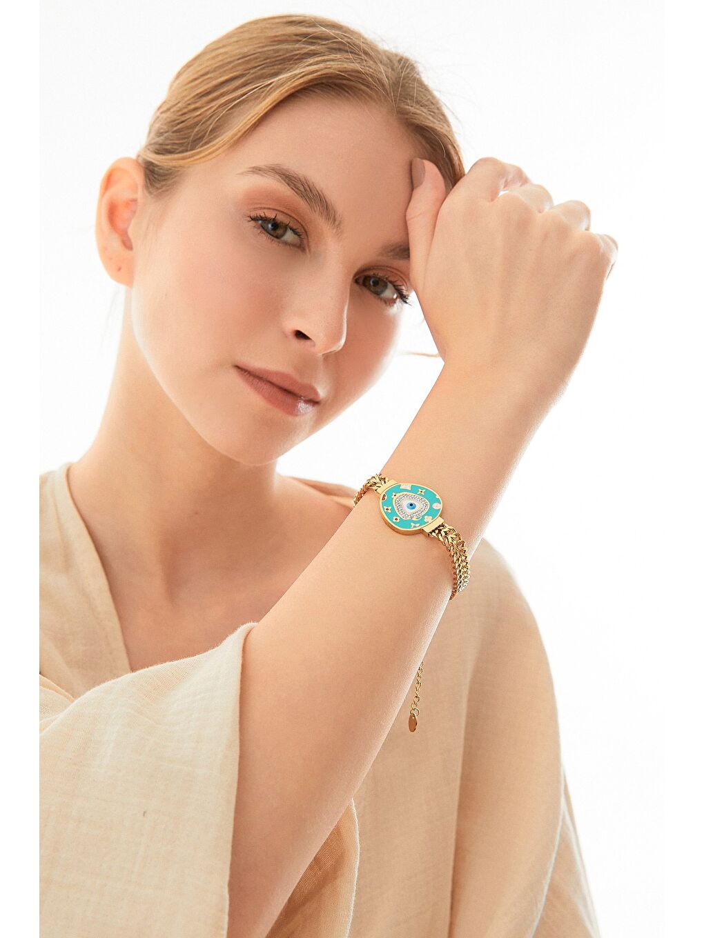 Turkuaz Nazar Boncuklu Çelik Bileklik