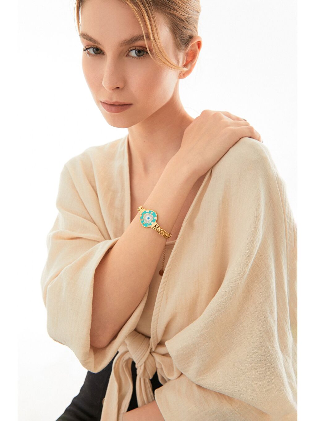 Turkuaz Nazar Boncuklu Çelik Bileklik-2