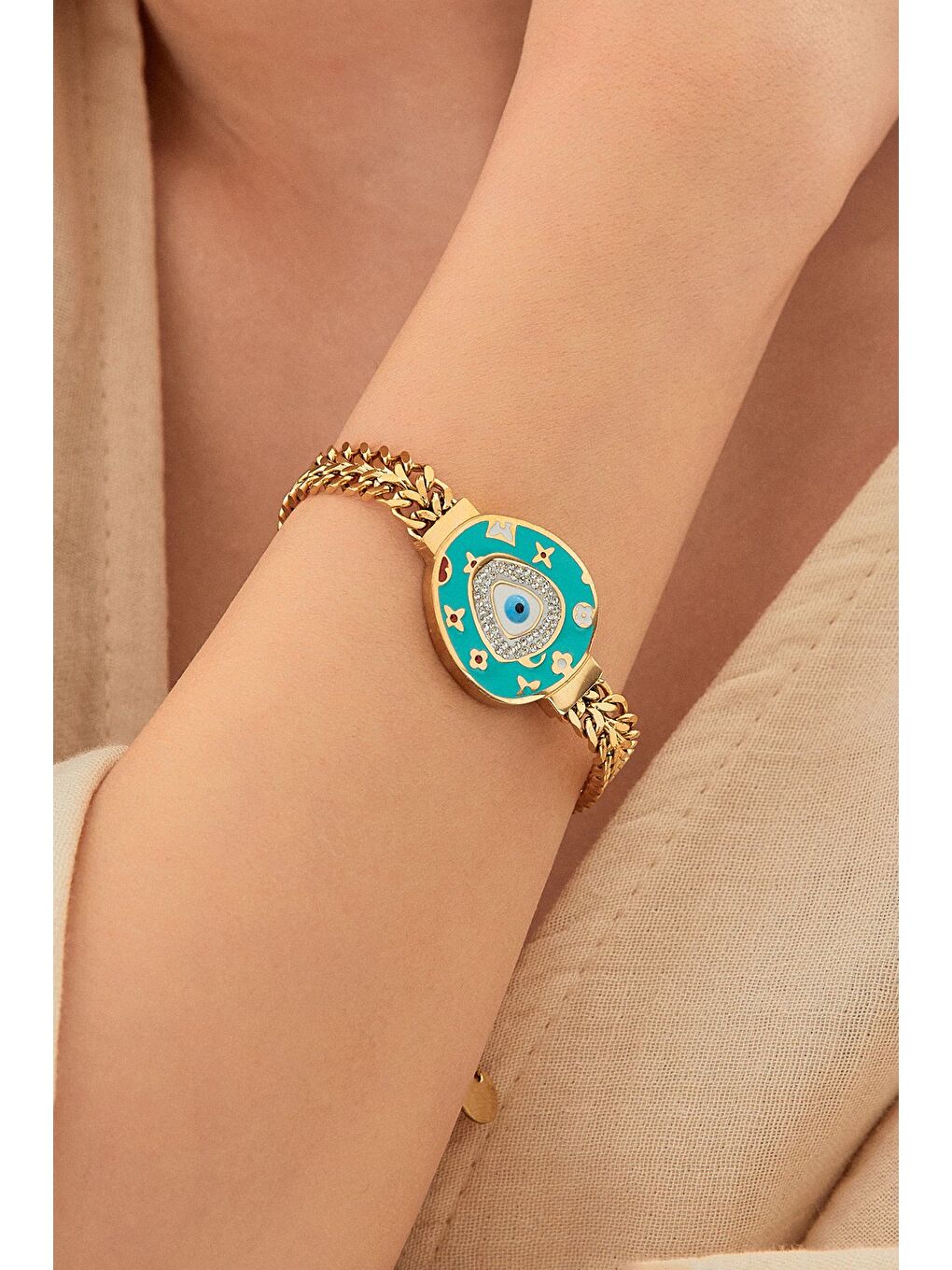 Turkuaz Nazar Boncuklu Çelik Bileklik-3