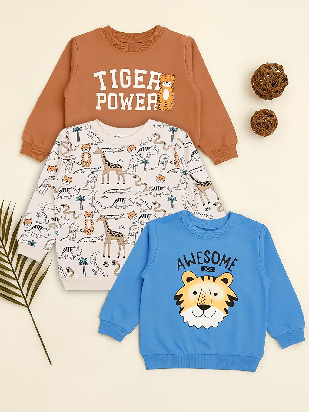 Beyaz Boys Safari Baskılı 3'lü Set 2-5 Yaş Sweatshirt - Standart