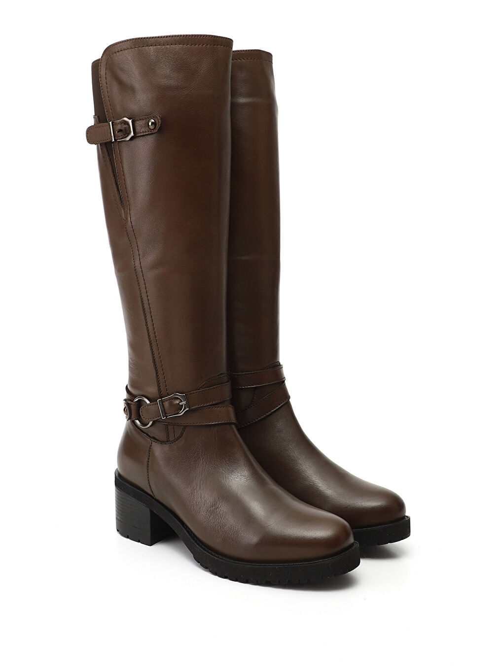 Kahverengi Kadın TÜTÜN KAHVE Fermuarlı Kalın Topuklu Hakiki Deri Çizme-1