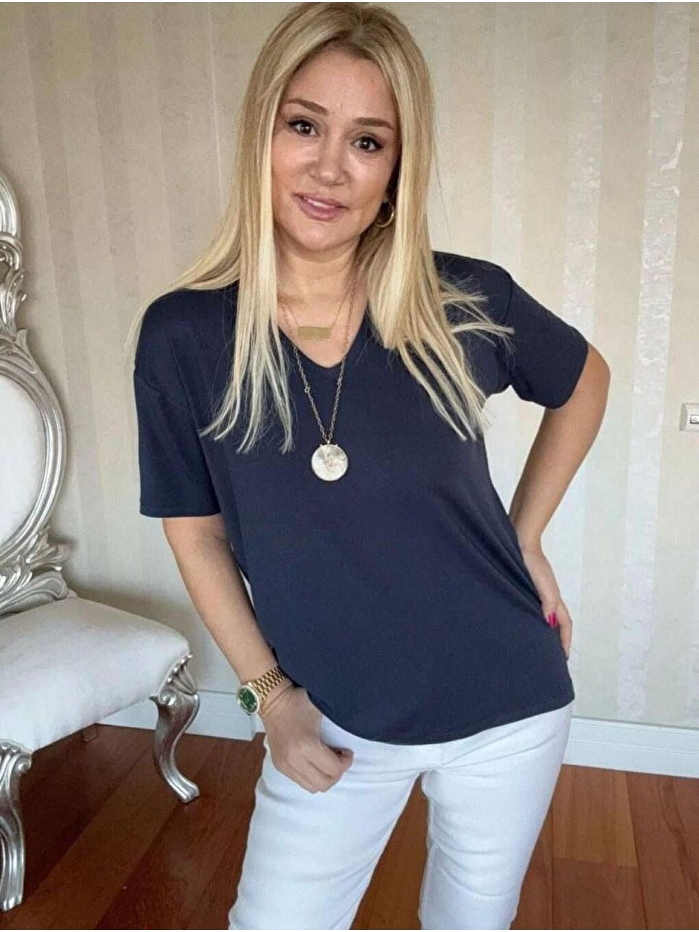 Lacivert Kadın Kısa Kollu V Yaka Bluz