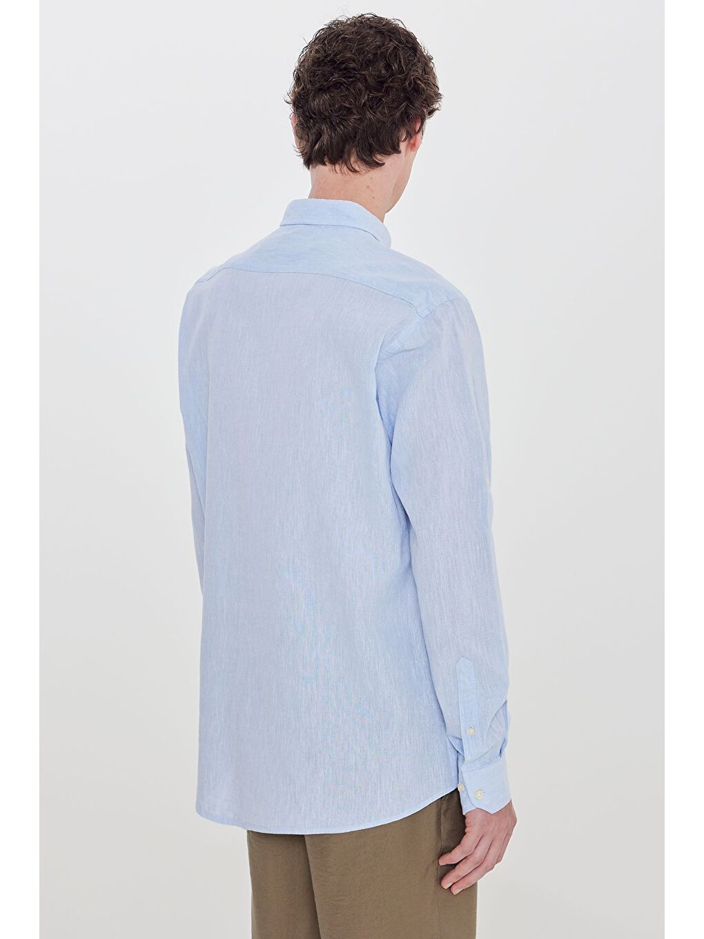 Erkek Açık Mavi Pamuklu Keten Comfort Fit Düğmeli Yaka Çizgili Gömlek-4