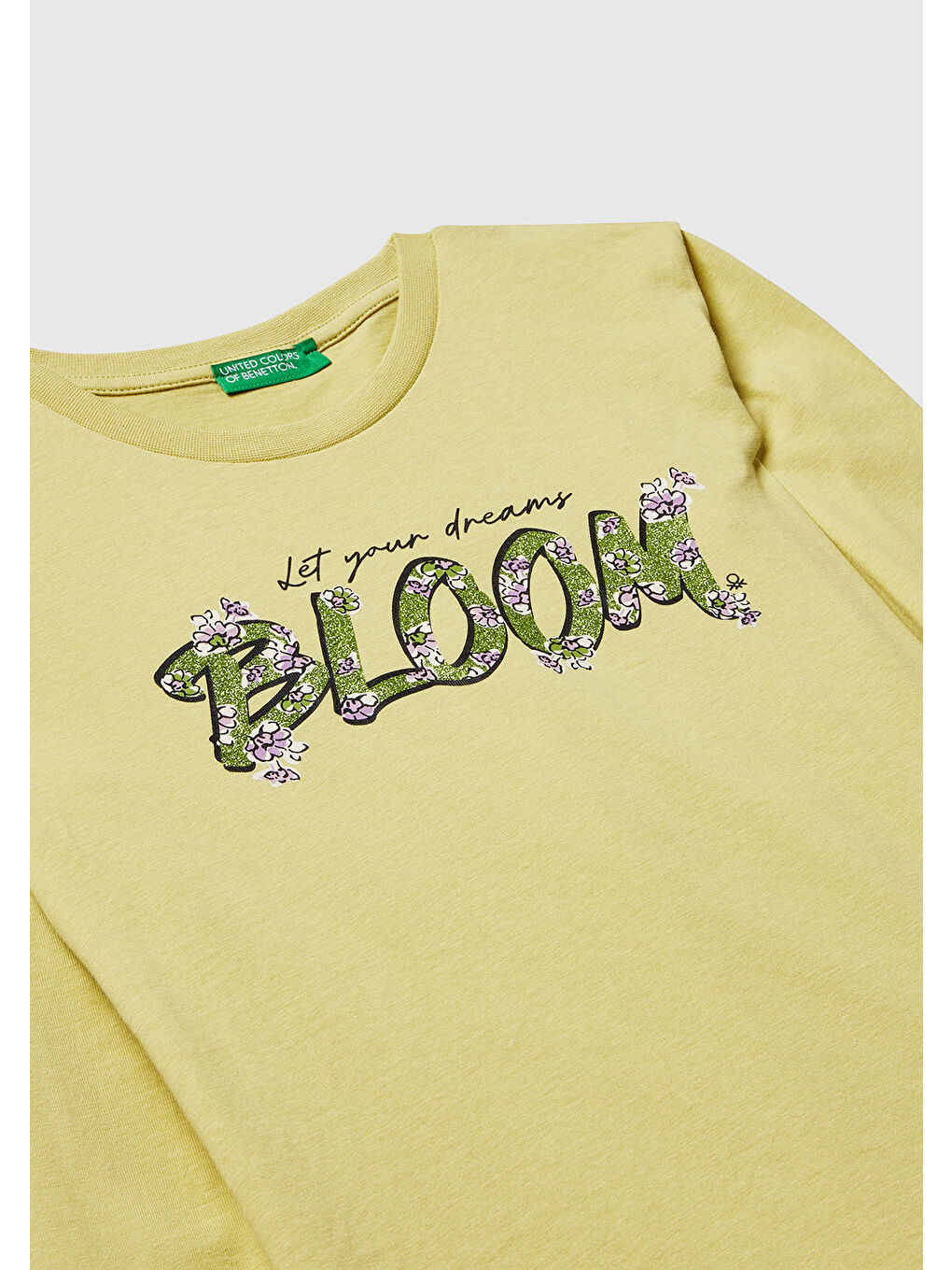 Sarı Kız Çocuk Hardal Önü Simli Baskılı Ribana Yakalı Uzun Kollu T-shirt-2