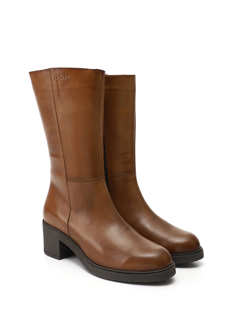 Kahverengi Kadın KAHVERENGİ-TABA Fermuarlı Kalın Topuklu Hakiki Deri Çizme-1