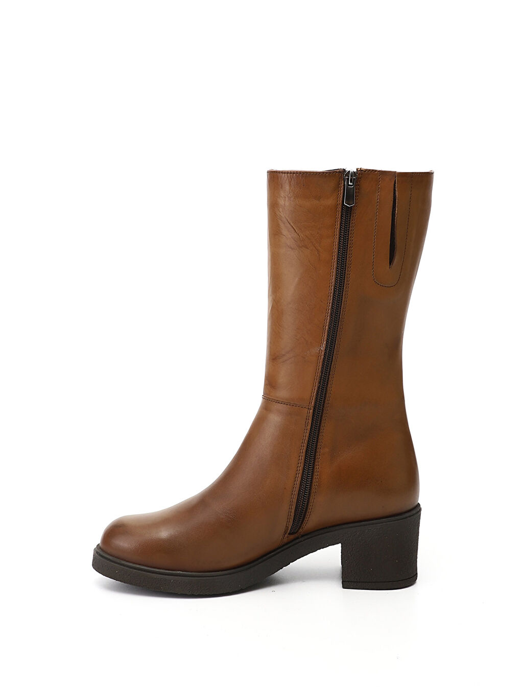 Kahverengi Kadın KAHVERENGİ-TABA Fermuarlı Kalın Topuklu Hakiki Deri Çizme-2