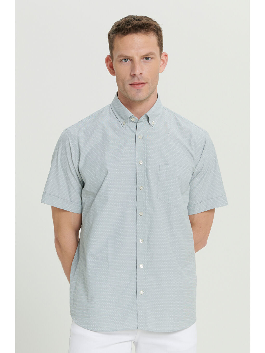 Erkek Haki Comfort Fit Rahat Kesim Düğmeli Yaka Armürlü Kısa Kollu Gömlek-4