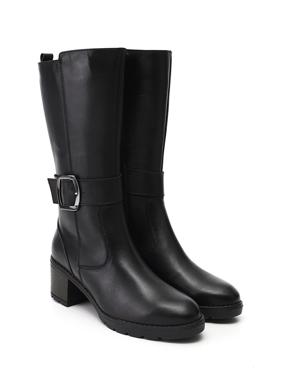 Siyah Kadın SİYAH Fermuarlı Kalın Topuklu Hakiki Deri Çizme-1