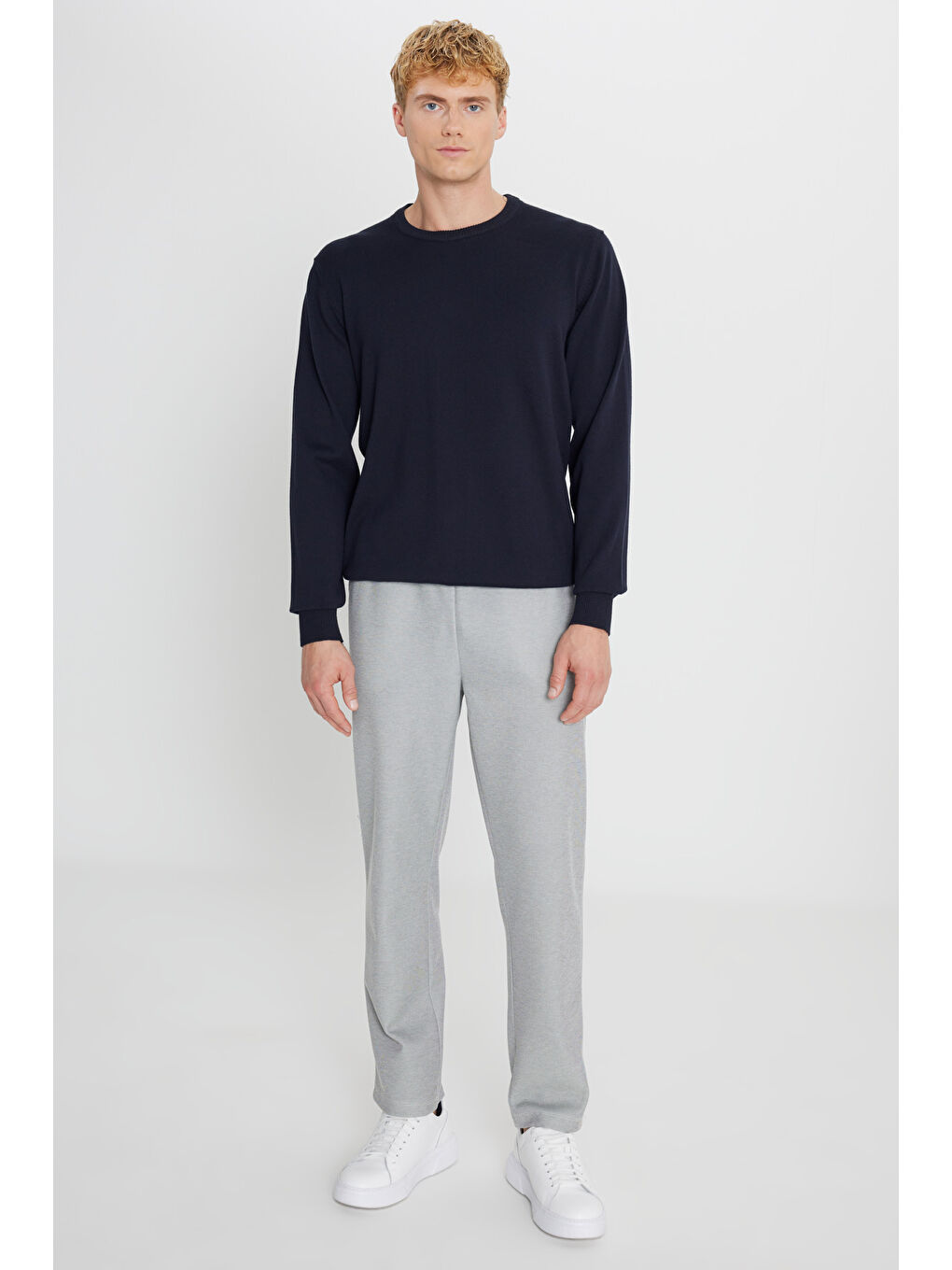 Erkek Lacivert Pamuklu Standart Fit Normal Kesim Bisiklet Yaka Triko Kazak-1