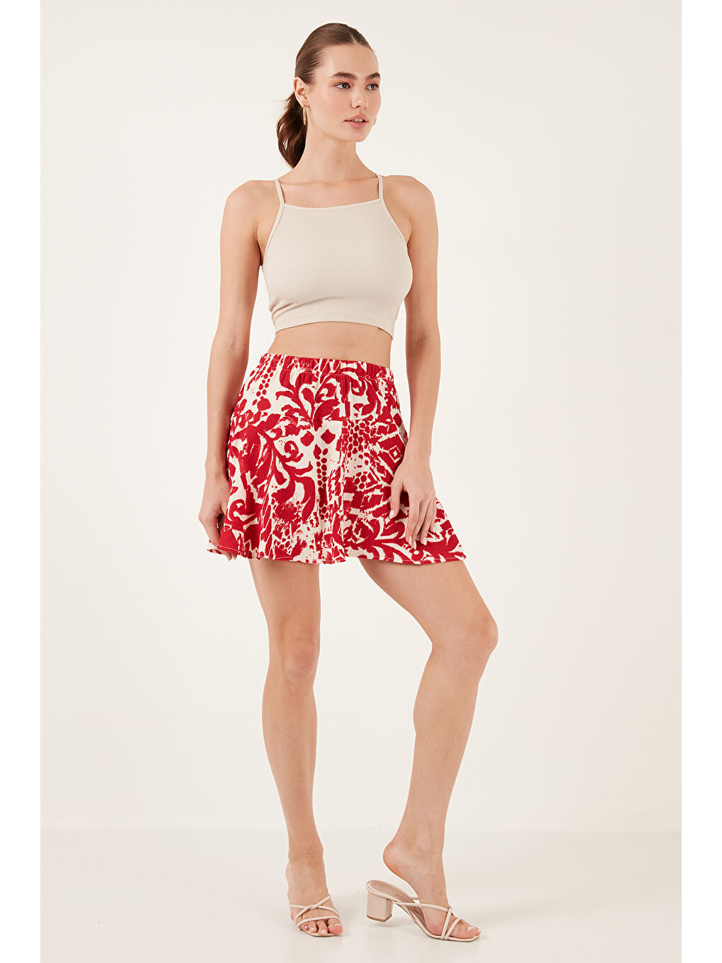Bordo Desenli Slim Fit Mini Kadın Şort Etek 5869020