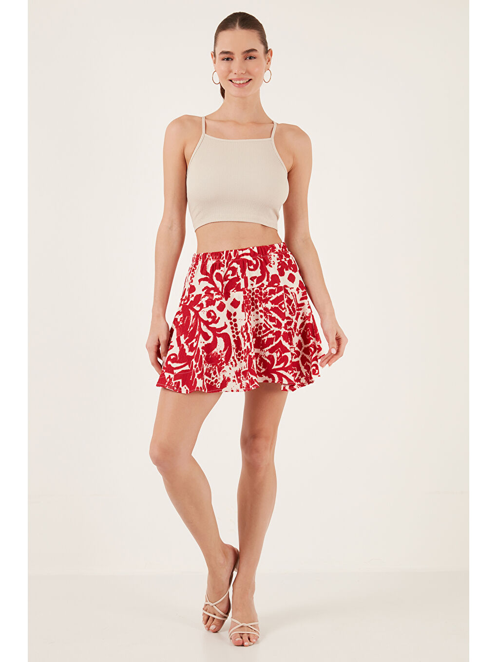 Bordo Desenli Slim Fit Mini Kadın Şort Etek 5869020-4