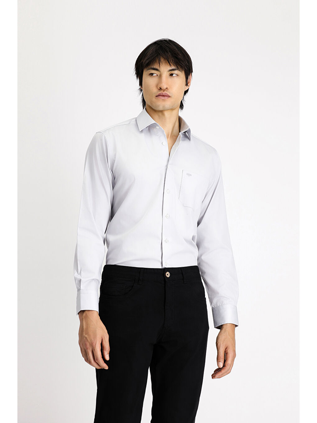 Gri Uzun Kol Non Iron Saten Klasik Pamuklu Gömlek-1