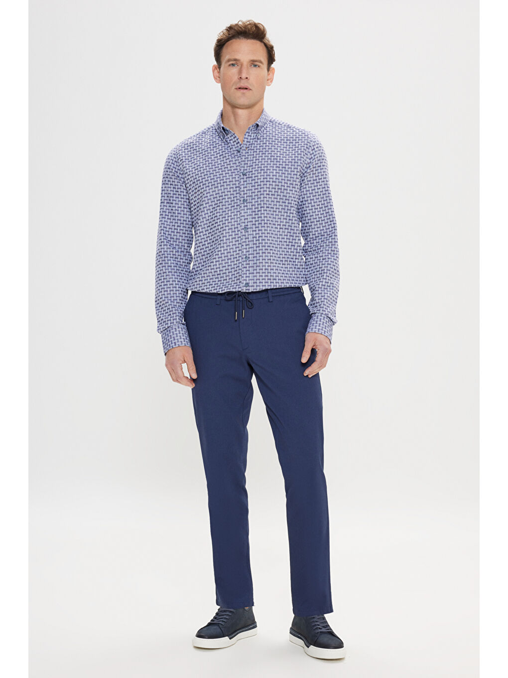 Erkek Lacivert Comfort Fit Rahat Kesim Pamuklu Beli Bağlamalı Yan Cepli Armürlü Pantolon-2