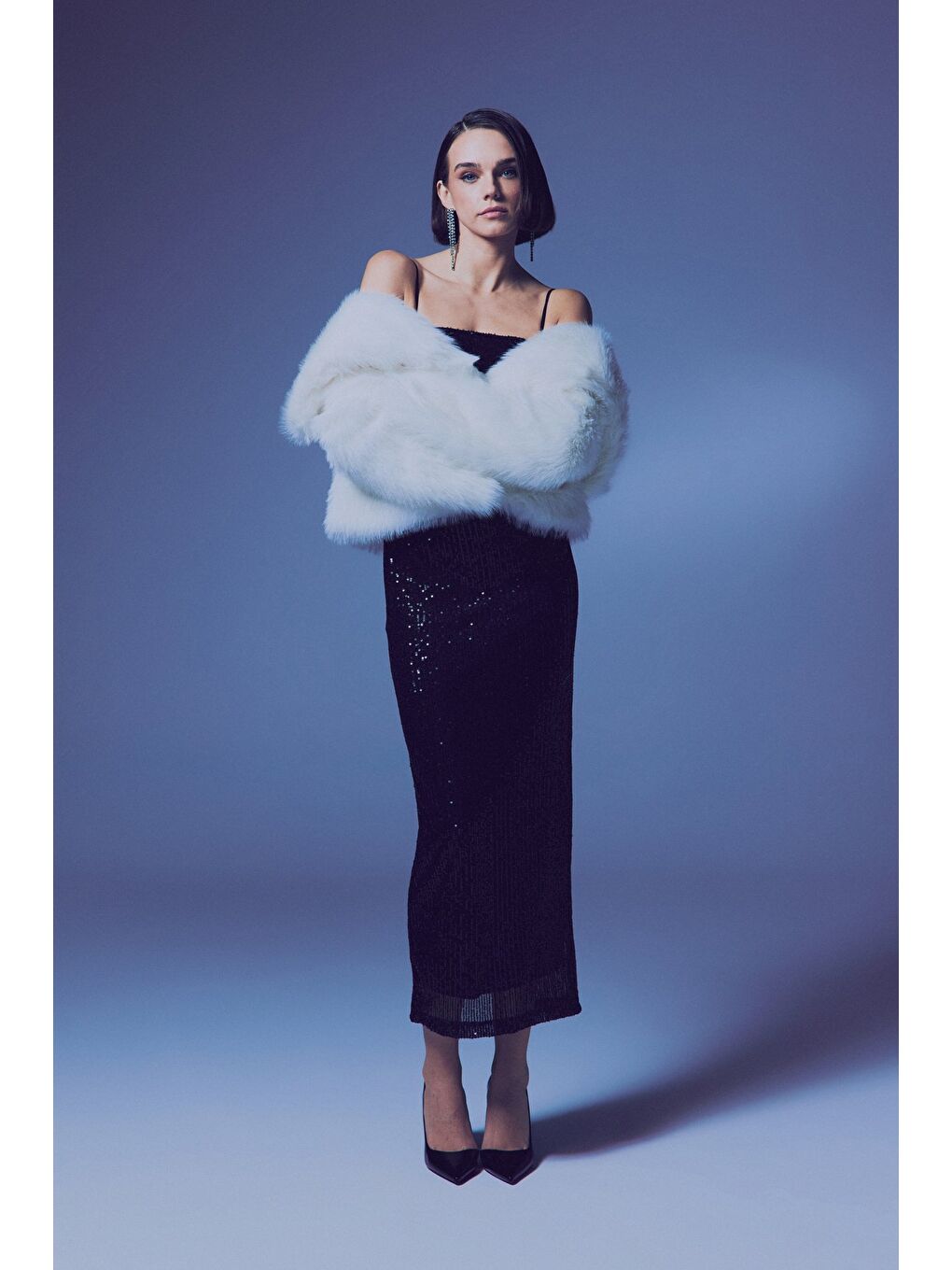 Askılı Uzun Payet Elbise - Siyah