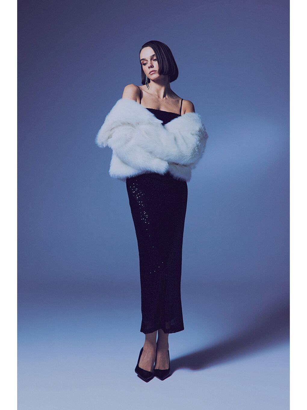 Askılı Uzun Payet Elbise - Siyah-1