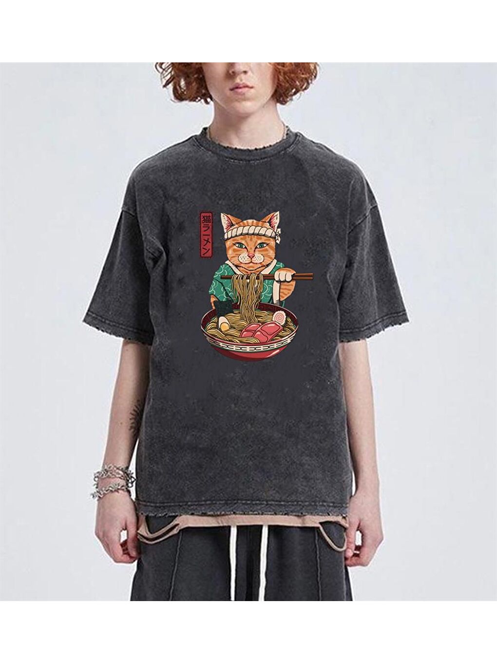 Touz Moda Antrasit Yıkamalı Samurai Cat Spaghetti Eskitme T-shirt