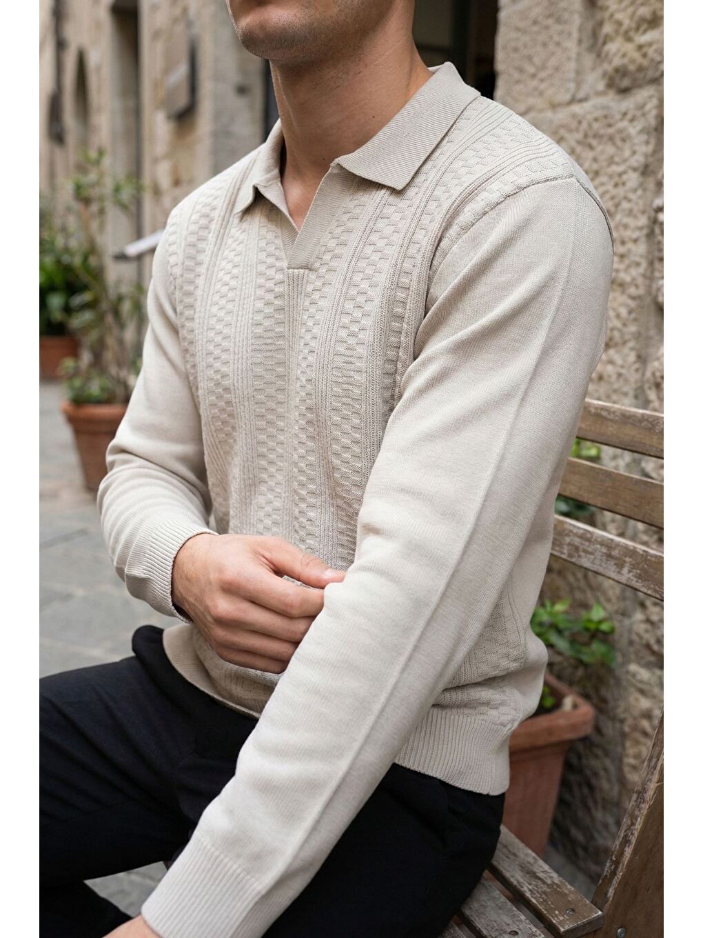 Bej Polo Yaka Kendinden Desenli Erkek Triko Kazak-1