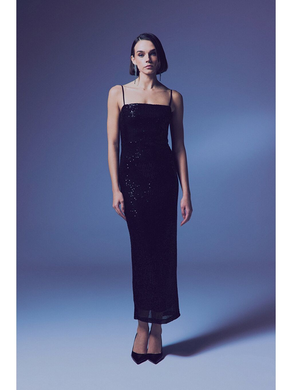 Askılı Uzun Payet Elbise - Siyah-3