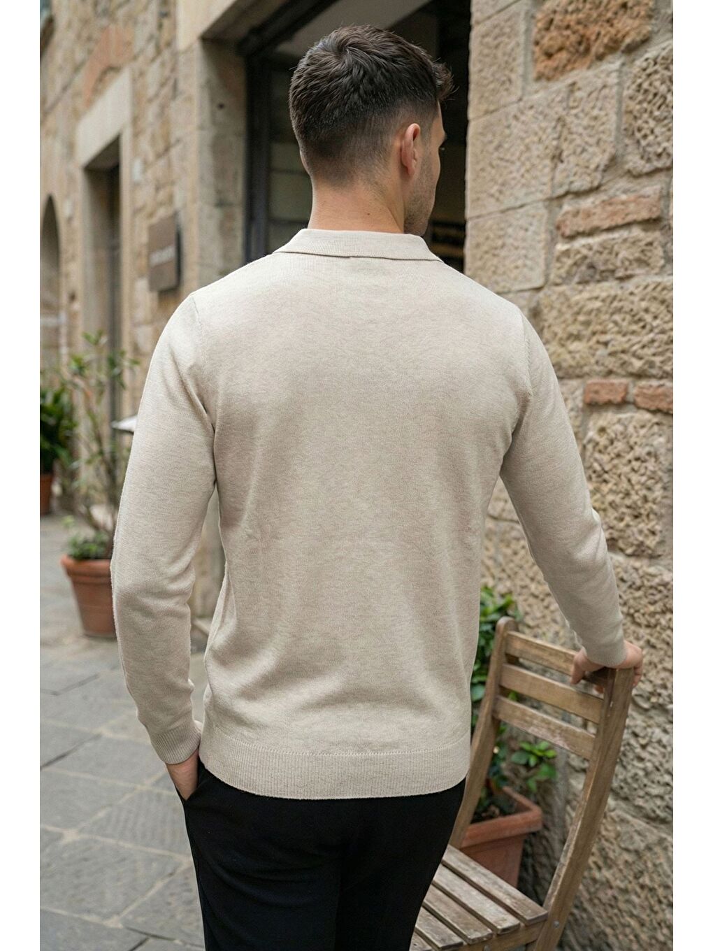 Bej Polo Yaka Kendinden Desenli Erkek Triko Kazak-2