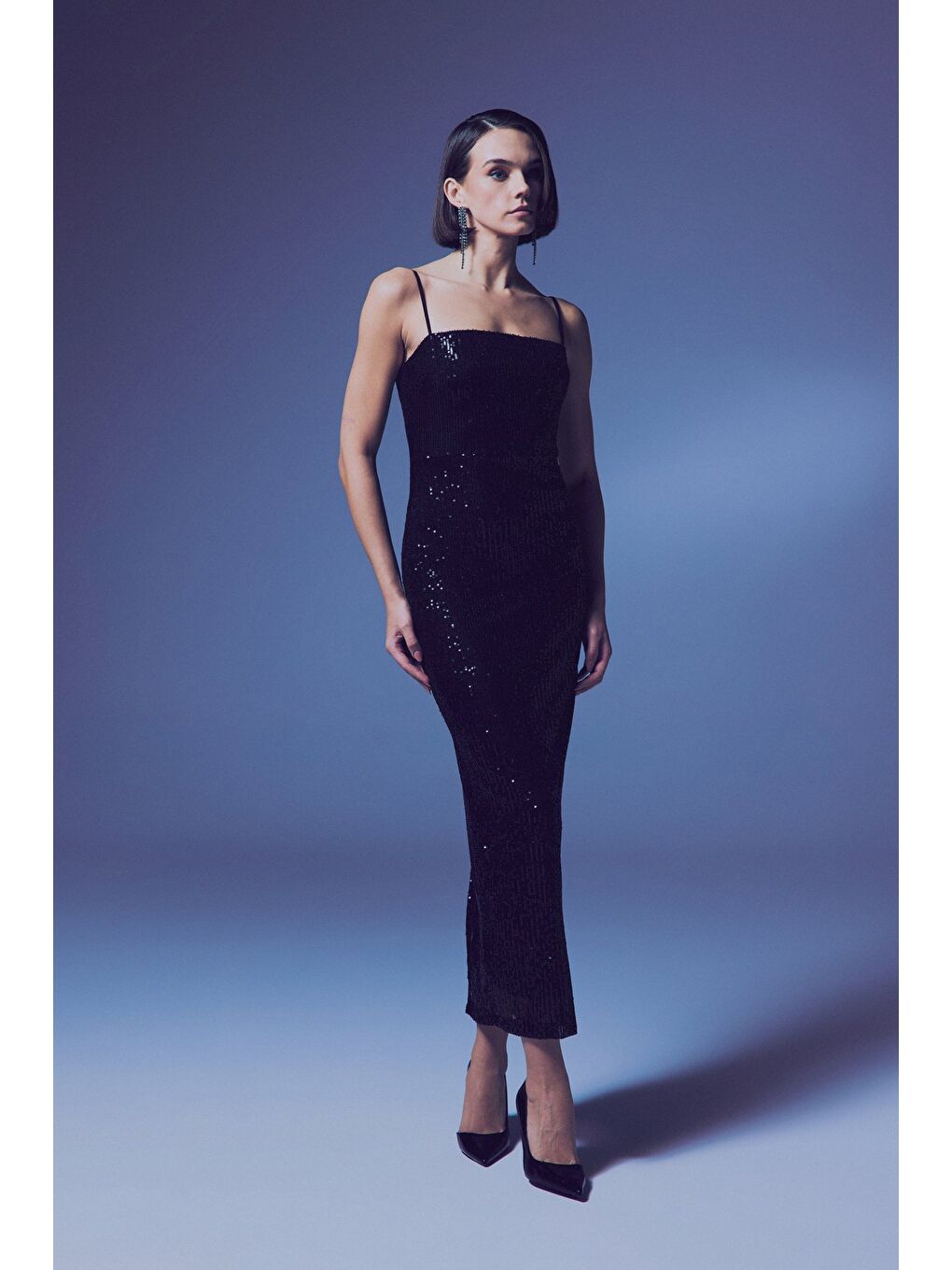 Askılı Uzun Payet Elbise - Siyah-4