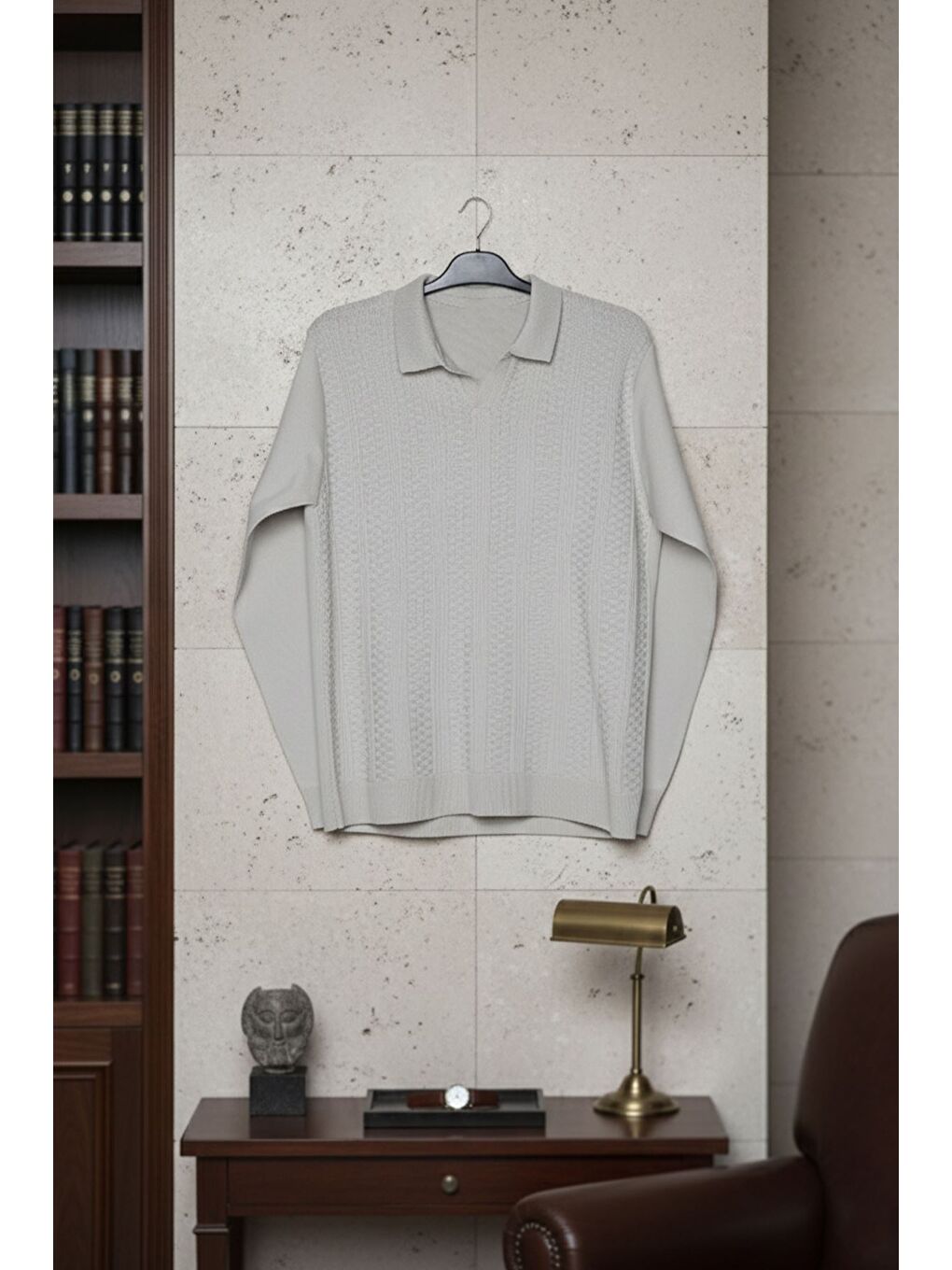 Bej Polo Yaka Kendinden Desenli Erkek Triko Kazak-3