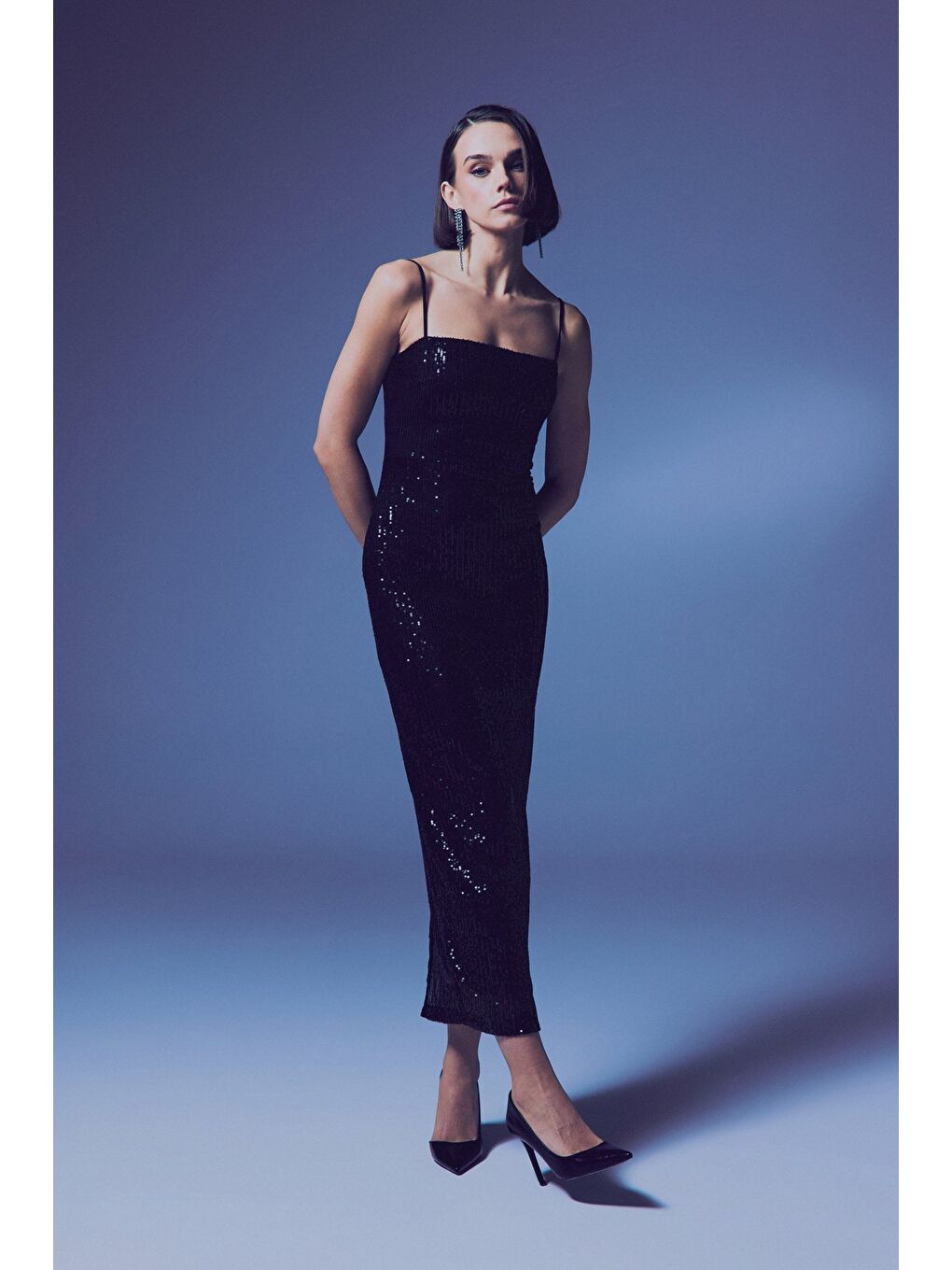 Askılı Uzun Payet Elbise - Siyah-5