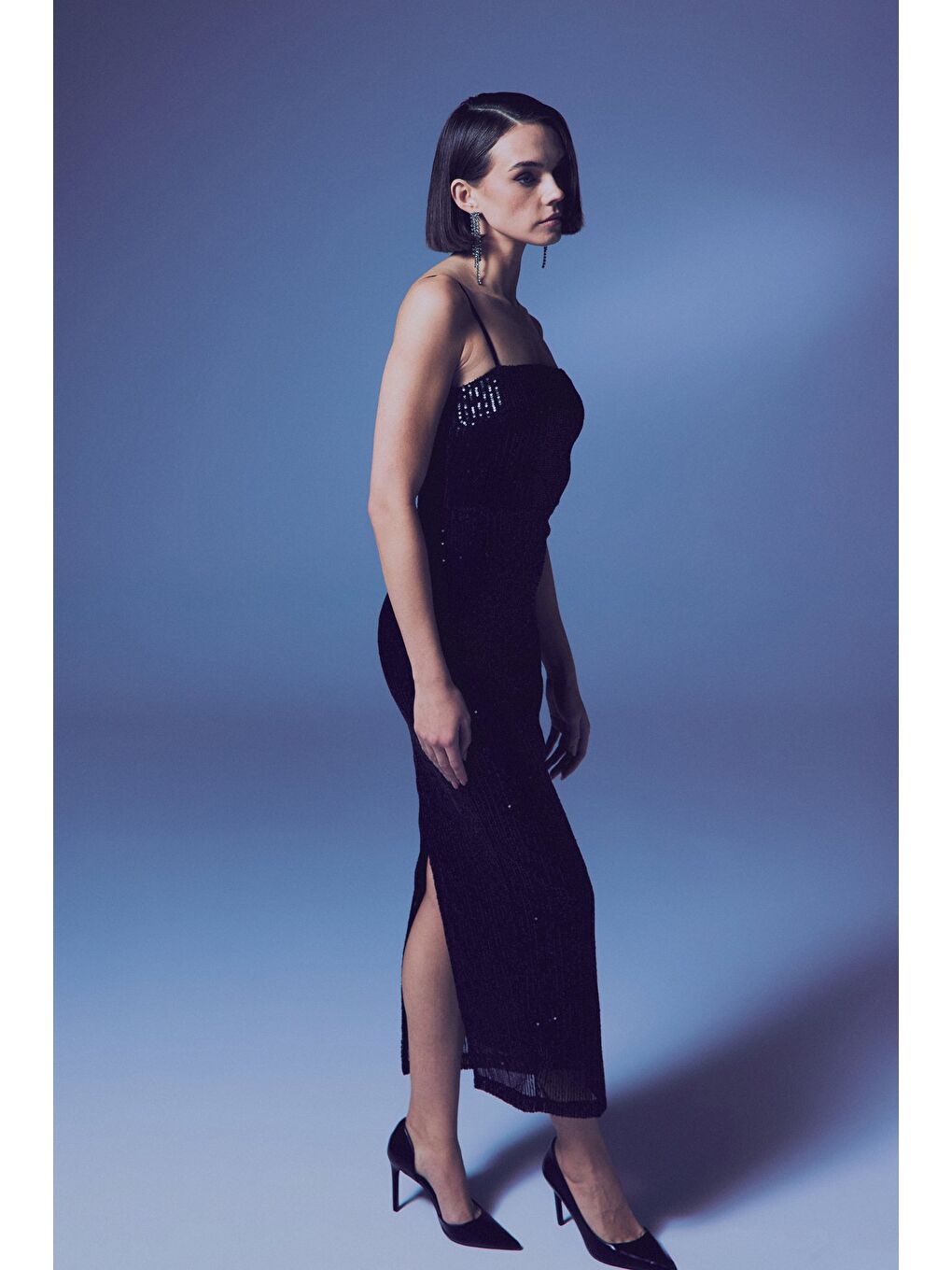 Askılı Uzun Payet Elbise - Siyah-6