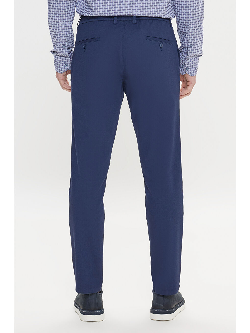 Erkek Lacivert Comfort Fit Rahat Kesim Pamuklu Beli Bağlamalı Yan Cepli Armürlü Pantolon-4