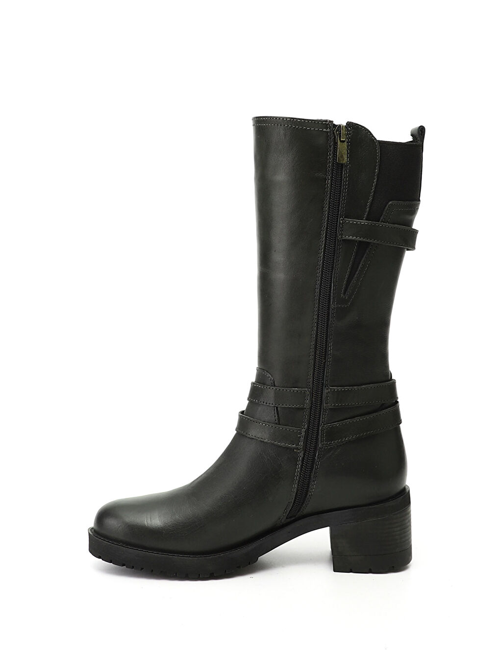 Kadın HAKİ-YEŞİL Fermuarlı Kalın Topuklu Hakiki Deri Çizme-2