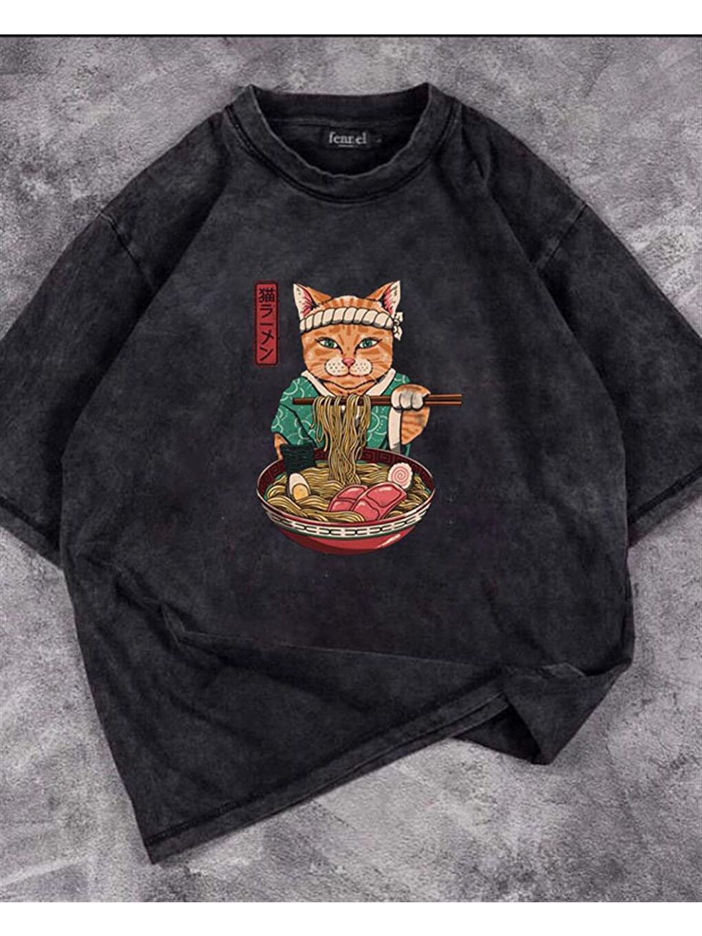 Touz Moda Antrasit Yıkamalı Samurai Cat Spaghetti Eskitme T-shirt - 1