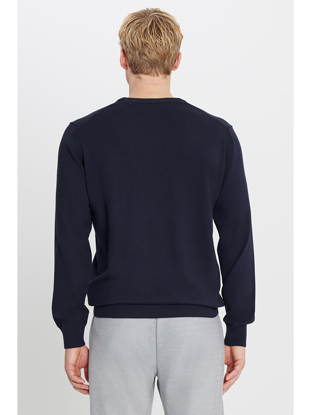 Erkek Lacivert Pamuklu Standart Fit Normal Kesim Bisiklet Yaka Triko Kazak-4