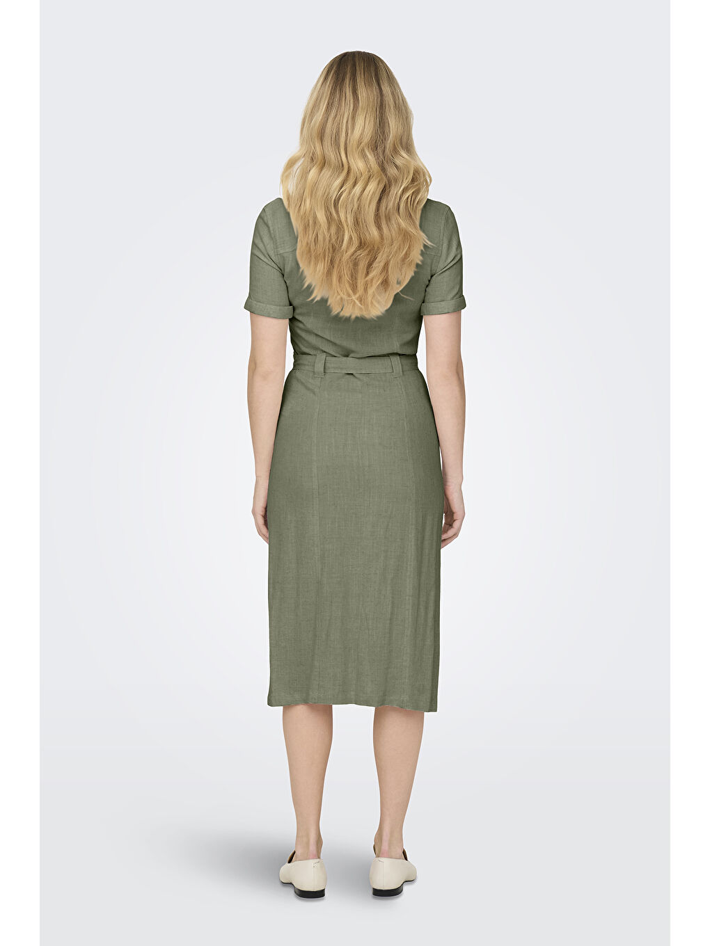 Haki Onlsiesta Keten Karışımlı Regular Fit V Yaka Midi Boy Cepli Elbise 15347210-1