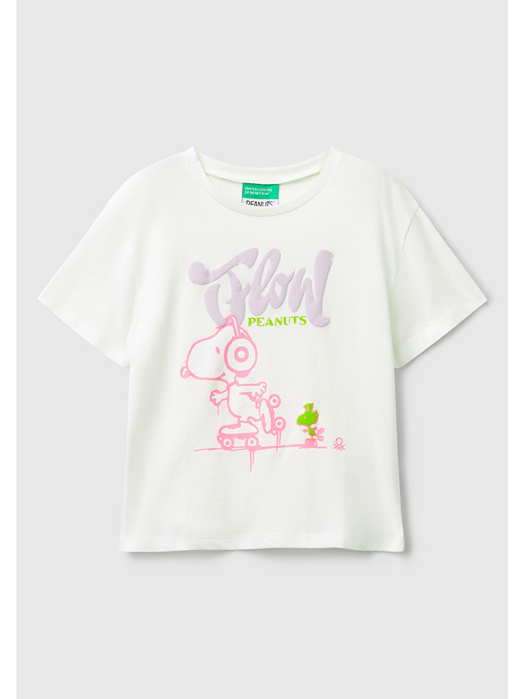 Kız Çocuk Ekru Önü Baskılı Logo Detaylı Ribana Yakalı Jarse T-shirt