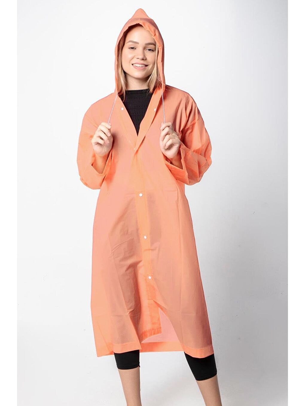 Pembe Unisex Su Rüzgar Geçirmez Kapüşonlu Çıtçıt Düğmeli Eva Şeftali Renk Yağmurluk M21MRC881R15