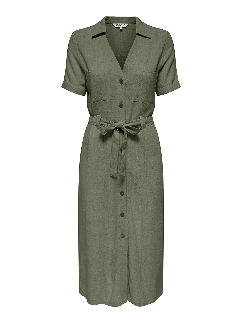 Haki Onlsiesta Keten Karışımlı Regular Fit V Yaka Midi Boy Cepli Elbise 15347210-2