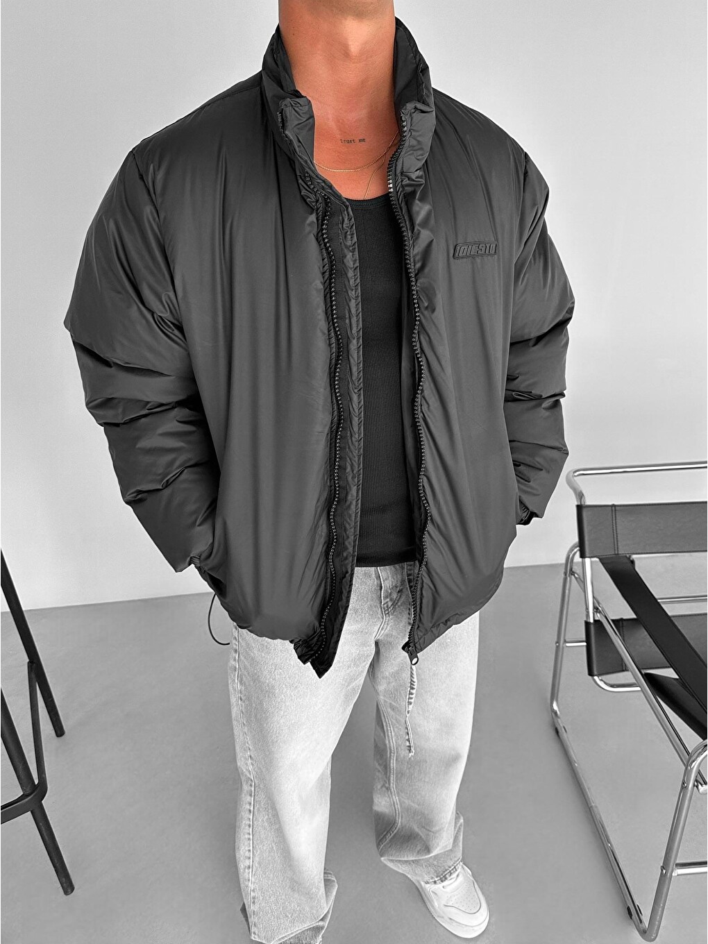 Erkek Oversize Dik Yakalı Fermuarlı Cepli Mont Siyah