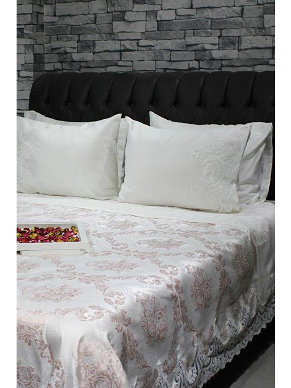 Ekru Fransız Güpürlü Sonia Yatak Örtüsü Krem-8