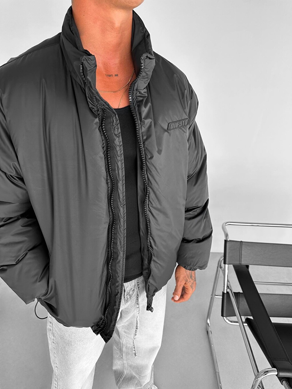 Erkek Oversize Dik Yakalı Fermuarlı Cepli Mont Siyah-2