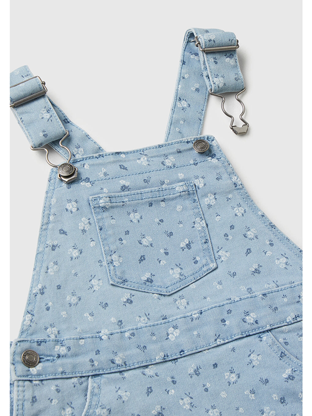 Kız Çocuk Açık Mavi Tamamı Çiçek Desenli Ayarlanabilir Askılı Denim Tulum Elbise-2