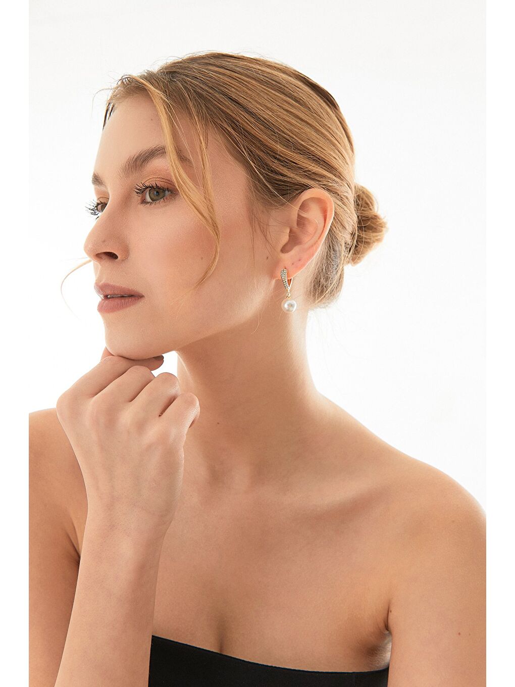 Sarı Taşlı Kalpli İncili Klips Küpe-3