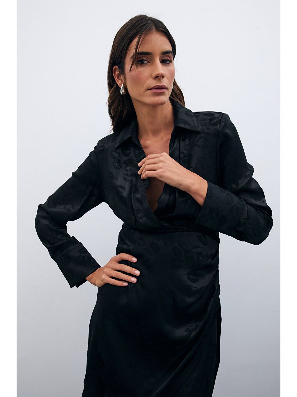 Desenli Kruvaze Elbise - Siyah-4