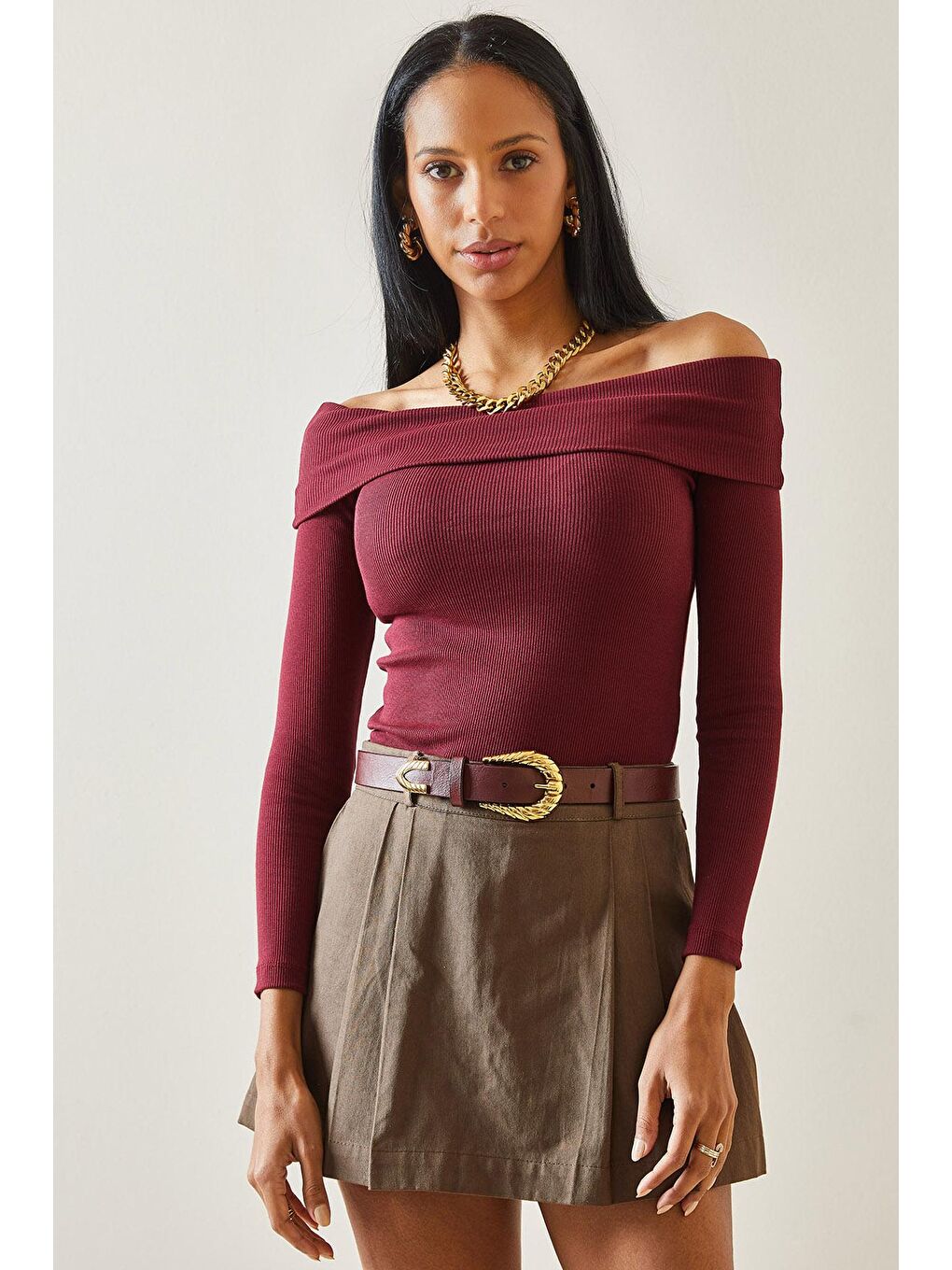 Bordo Vişne Çürüğü Madonna Yaka Kaşkorse Kazak 5YXK3-48276-31-2