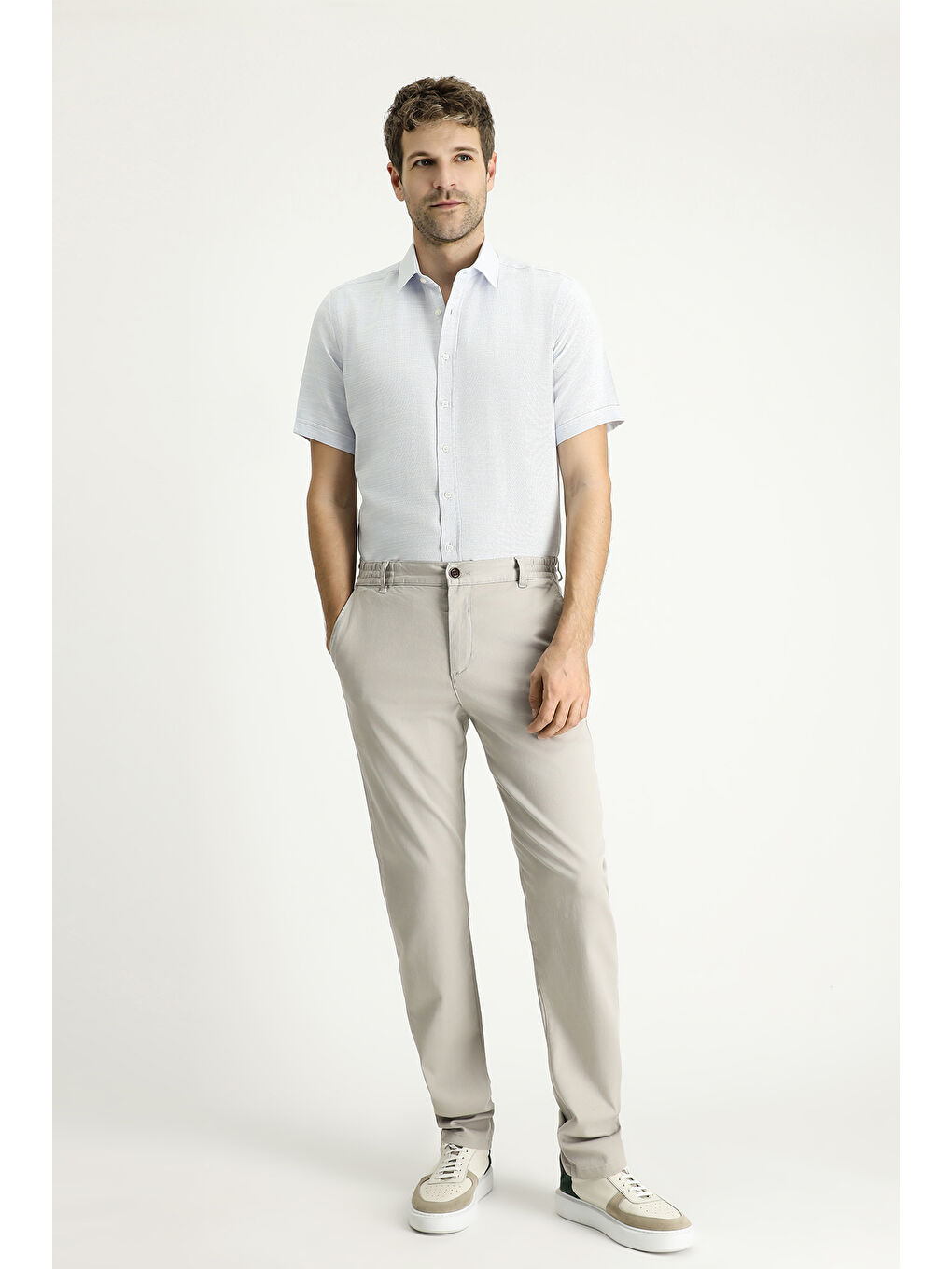 Mavi Kısa Kol Regular Fit Keten Görünümlü Pamuklu Gömlek-1