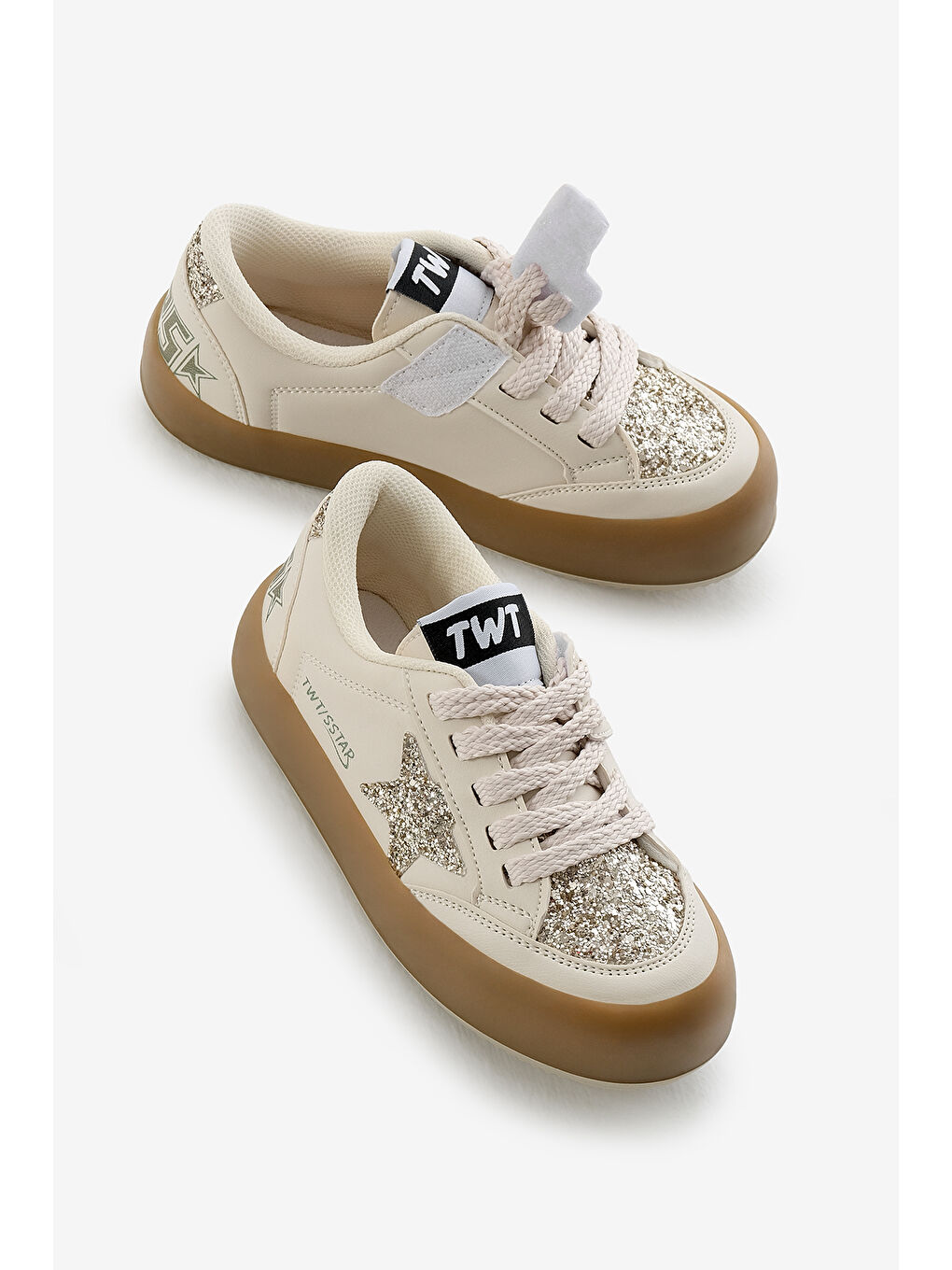 Ekru Çocuk Unisex Krem Termo Taban Yıldız Detaylı Bağcıklı ve Cırtlı Spor Ayakkabı-2