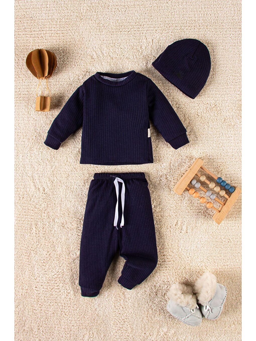 Lacivert Organik Kumaş 0 - 3 Yaş 3 Parça Bebek Takım