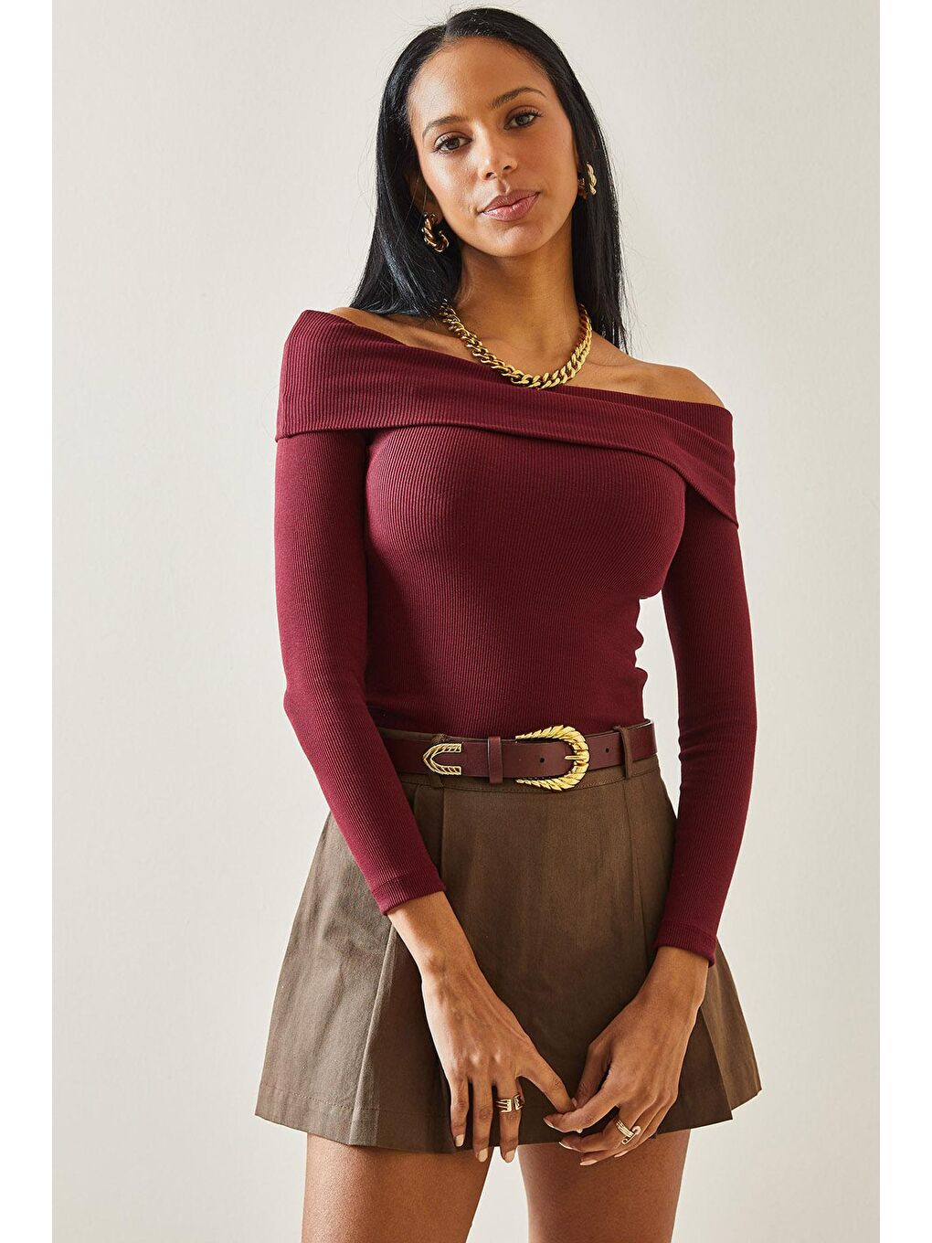 Bordo Vişne Çürüğü Madonna Yaka Kaşkorse Kazak 5YXK3-48276-31-3