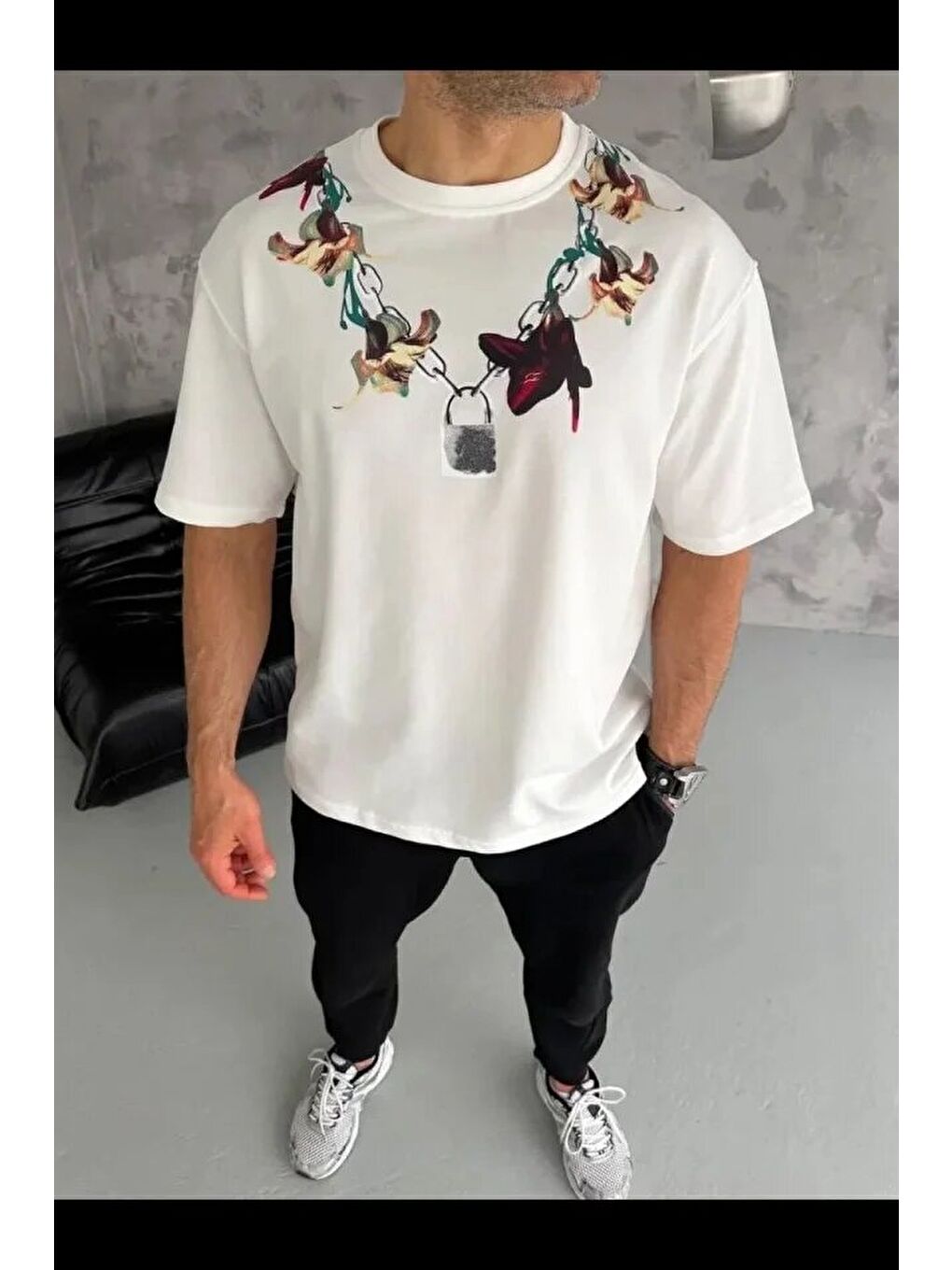 Beyaz Erkek Baskılı Tişört-1