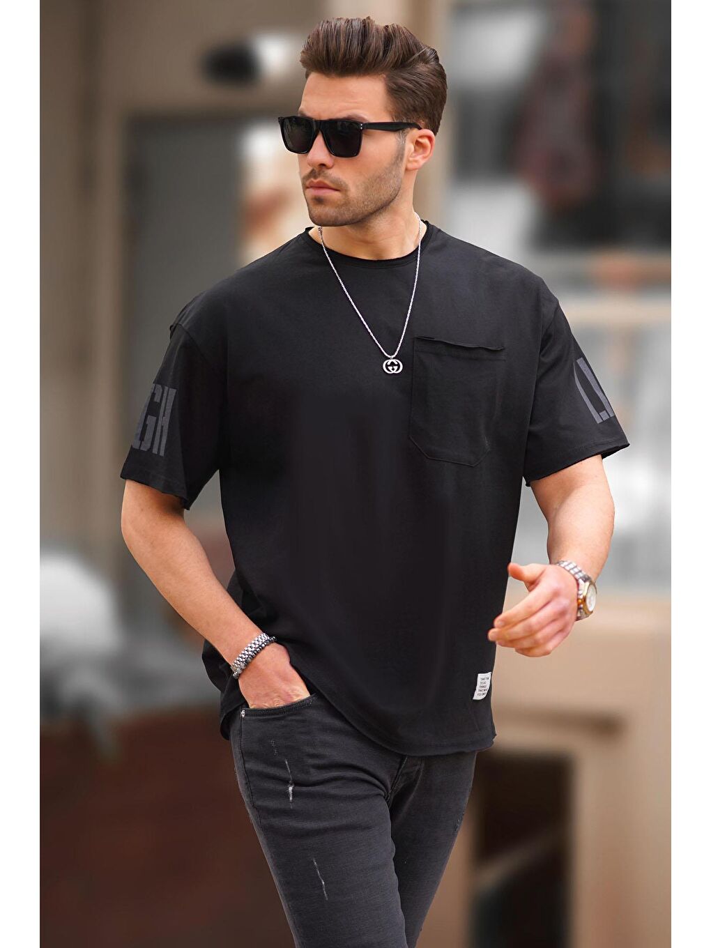 Siyah Cep Detaylı Kolu Baskılı Basic Erkek %100 Pamuk Tişört 7016